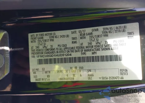 2017 Ford Escape Se z USA, uszkodzony, nr VIN 1FMCU0GD1HUD51204